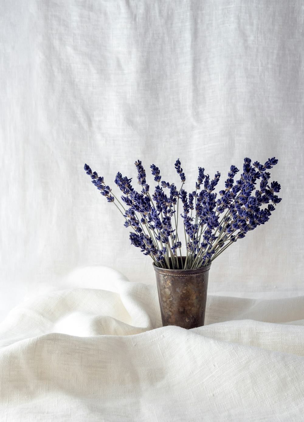 Bouquet de lavande séchée dans une timbale en métal sur un drap de lin